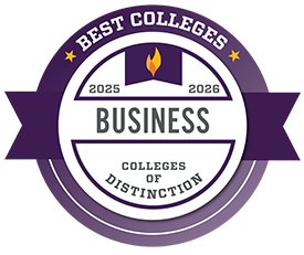 Graphic Badge detailing Best Colleges-2025-2026 Business Colleges of Distinction